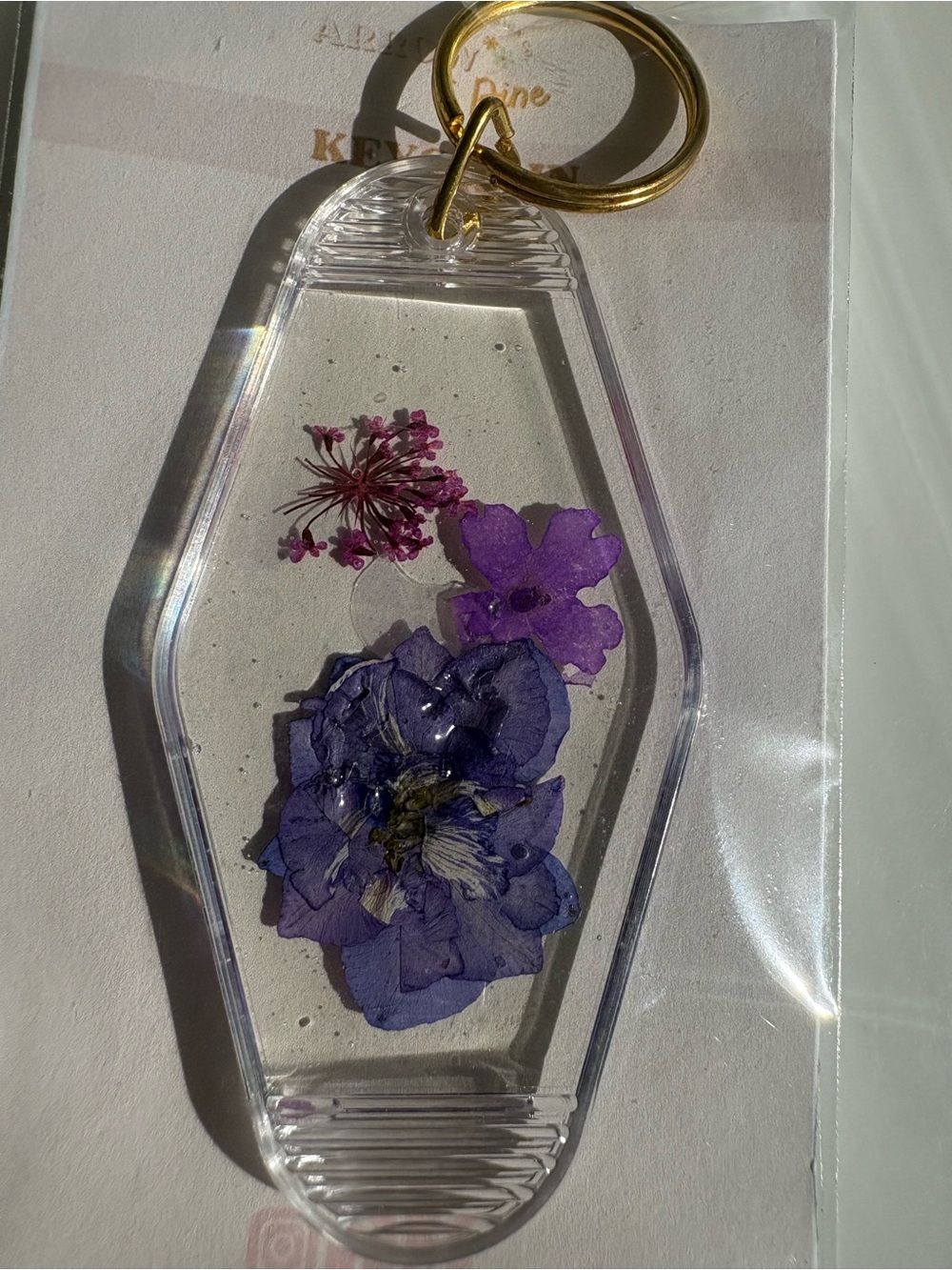 Purple Pressed Flower Keychain - Clear Resin Accent motel style